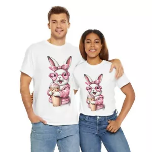 Cute Bunny with coffee Tee, Spring Gift, Animal Lover Shirt, Easter Apparel, - Picture 1 of 50