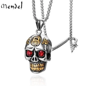 MENDEL Gothic Mens Stainless Steel Punk Biker CZ Skull Pendant Necklace For Men - Picture 1 of 6