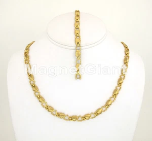 24k Gold Heart Women Magnetic Stainless Steel Link Necklece Bracelet Set 316L - Picture 1 of 3
