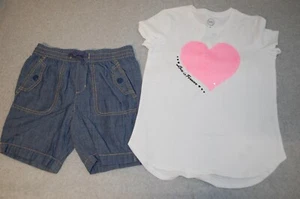 Girls WHITE T-SHIRT Love is Forever PINK ORANGE HEART Denim Look Shorts M 7-8 - Picture 1 of 2