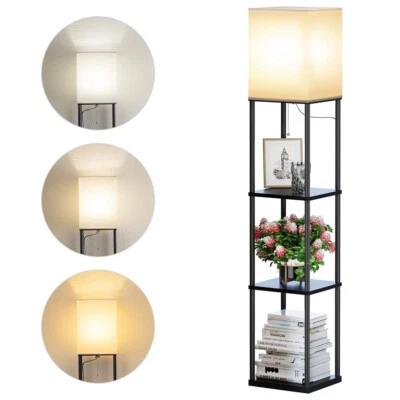 Floor Lamp with Shelves, Modern Square Standing Lamp & 3 Color Temperature Bulb - Image 1 of 4
