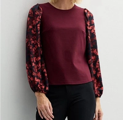 Blusa Nine West Cuello Redondo Granate con Mangas Florales Abullonadas M Foto 1 de 4