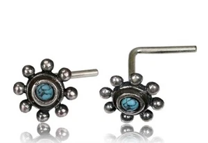 STERLING SILVER FLOWER TURQUOISE L SHAPE NOSE STUD NOSE PIN BONE RING TRAGUS - Picture 1 of 1