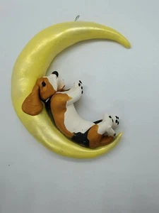 BASSET HOUND Ornament SLEEPING ON MOON Window Hanger TRI CLR Handmade LARGE - Picture 1 of 2
