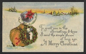 Antique Christmas Postcard - Little Girl in Snow with Wreath - 1917 Posted - Picture 1 of 2