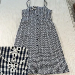 Marilyn Monroe Dress Womens 16 Navy Gingham Check Smocked Midi Pinup Eyelet - Picture 1 of 20