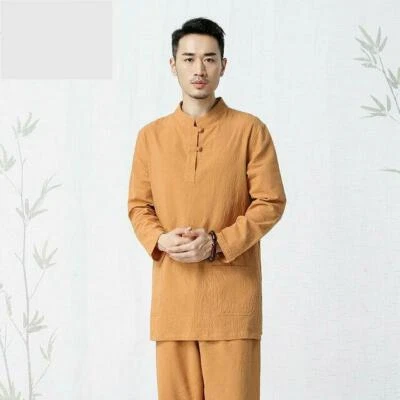 Mens Chinese Kung Fu Set Linen Tops+Pant Yoga Long Sleeve Loose Martial Suits - Image 1 of 4