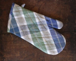Oven Mitt Plaid Green Blue Beige Lake Cabin Cotton Kitchen Hot Pot Glove - Picture 1 of 3