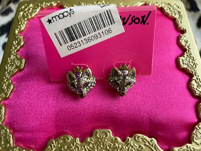 Betsey Johnson Vintage Imperial Princess Purple Glitter AB Crown Fox Earrings - Image 1 of 2