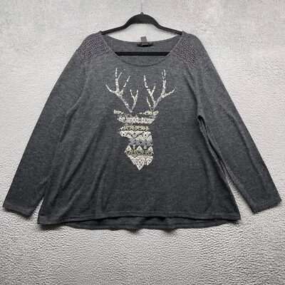 Suéter feminino Style Co cinza malha veado crochê manga longa gola redonda tamanho G - Imagem 1 de 4