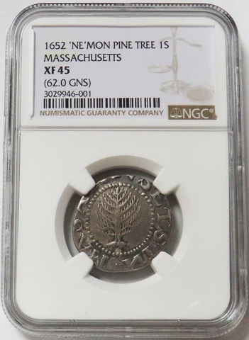 1652 PINE TREE 1 SHILLING LIGATURED NE MASSACHUSETTS LARGE PLANCHET NGC XF 45 Cover