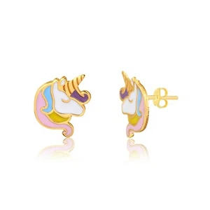 18k Solid Gold Enamel Unicorn Butterfly Backs Stud Earrings Girls and Toddlers - Picture 1 of 7