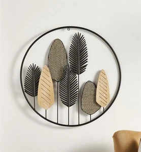 Metall Wand Bild "Blätter" schwarz & Holz, Ø 56 cm, Wand Schmuck Hänge Deko - Bild 1 von 4