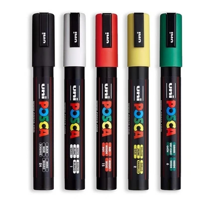 Posca Marker Stift PC-5M " Rot,Weiß,Grün,Gelb , Schwarz " 1 von Jeder Farbe - Bild 1 von 4