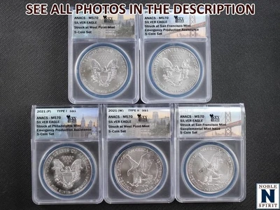 NobleSpirit (ME) 2021 W-S-P Eagle Silver Dollar 5-Coin Set T1 & T2 ANACS MS70 - Image 1 of 4
