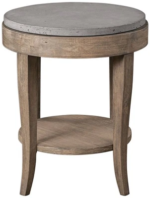 Traditional Wood Round Accent Table 24" Wide Brown Glazed Concrete Living Room - Image 1 of 2