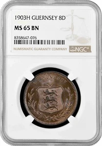 Guernsey 8 doubles 1903 H, NGC MS65 BN, "Guernsey pound (1830 - 1966)" Top Pop - Picture 1 of 2