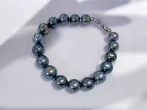 stunning 9-10mm tahitian round black green pearl bracelet 7.5-8"(tim) - Picture 1 of 4
