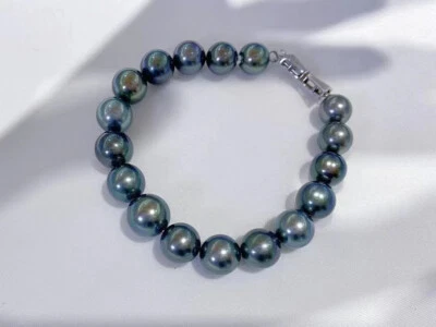 Impresionante pulsera de perlas verdes negras redondas tahitianas de 9-10 mm 7,5-8" (tiempo) Foto 1 de 4