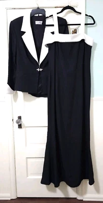 DE COLECCIÓN Cachet 2 piezas CONJUNTO LARGO Chaqueta de Vestir Sin Mangas 16 XL Negro Marfil Estrás Foto 1 de 4