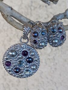 Judith Ripka Multi Gemstone Enhancer/Pendant and Matching Earrings Sterling 