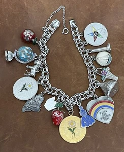 "Brazalete de plata esterlina 925 pesado cadena doble eslabón de 15 dijes vintage 7,5"" pulgadas" - Imagen 1 de 12