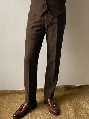 Mens Retro Tweed Dress Pants Vintage Herringbone Adjustable Waist Suit Trousers - Image 1 of 2