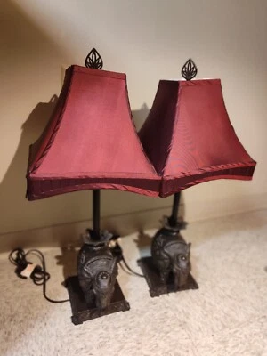 Vintage Contemporary Bronze Tone Pair of Resin Elephant Lamps With Shades - Image 1 of 4