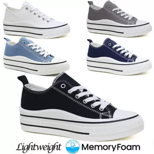 Ladies Canvas Shoes Platform Plimsolls Trainers Casual Lace Up Pumps Sneakers - Picture 1 of 27