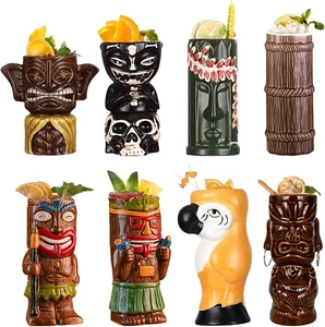 Cocktail Tiki Mugs Set of 8 - Cute Ceramic Hawaiian Style Cocktail Glasses for P - Picture 1 of 11