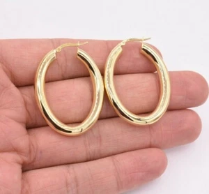 1.5" 40mm Tube Plain Shiny Oblong Hoop Earrings Yellow Gold-Plated Silver 925 - Picture 1 of 5