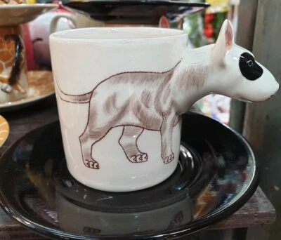Juego de tazas y platillos de café espresso de 2 oz con mango de cerámica patrón Bull Terrier para perro Foto 1 de 4