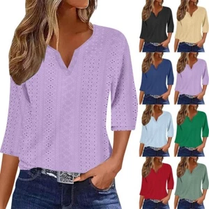 Ladies Casual Loose Lace Tops Blouses Summer Long Sleeve Tee Shirts Plus Size - Picture 1 of 10