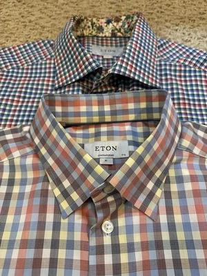 Lote de 2 camisas sociais masculinas contemporâneas Eton XL 44/17.5 xadrez algodão manga longa - Imagem 1 de 4