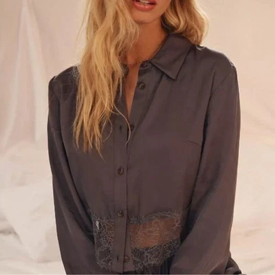 Anthropologie кружева пижамы комплект серый длинным рукавом кнопка Топ и шорты размер маленький - Изображение 1 из 4