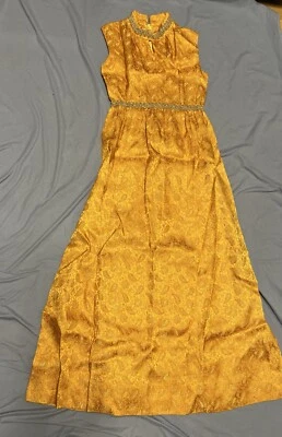 Maxi Vestido Vintage Hecho a Mano de Anfitriona MCM 60s/70 Naranja Metálico Jacquard S/M Foto 1 de 4