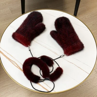 Guantes de piel de visón real para mujer tejidos cálidos muñeca elásticos guantes mangas con cuerda Foto 1 de 4