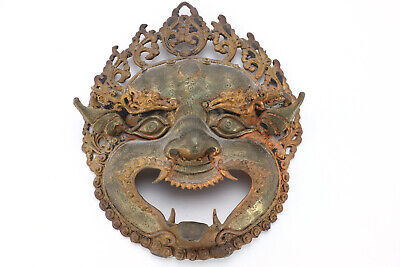 Asiatische Gottheit Messing Bronze Wandmaske Fratze Dämon Kopf Krone Tibet Asien • 4.50€