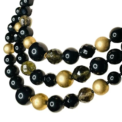 Oscar De La Renta Necklace Black Glass Stone Beads Textured Gold Tone 16" Signed - Image 1 of 4