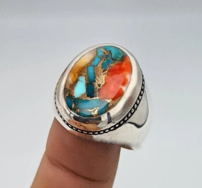 Solid 925 Sterling Silver Natural Oyster Turquoise Gemstone Signet Men's Ring - Image 1 of 4