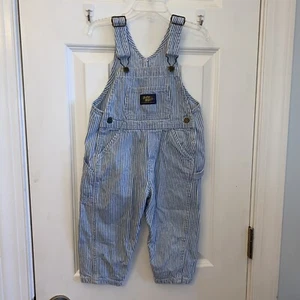 Vintage OshKosh Vestbak Blue Conductor Hickory Stripe Overalls 24 Months Snaps - Picture 1 of 8