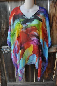 DILEMMA HAND PAINTED VITAL INSPIRED ART TO WEAR LONG PONCHO TUNIC IN SILK! - Picture 1 of 5