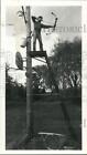 Press Photo Man Aims Bow from Platform Attached to Lightpole - sya51712