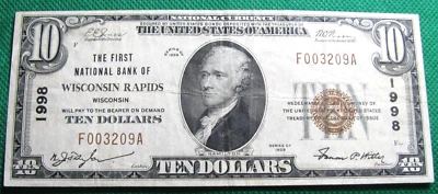 1929 National Currency $10 Note Wisconsin Rapids, WI Ch1998  Low Serial #S682 - Image 1 of 3