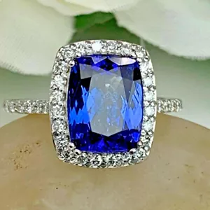2.45ct Zafiro Azul Imitación Aniversario Compromiso Banda 14K Oro Blanco Chapado - Imagen 1 de 6