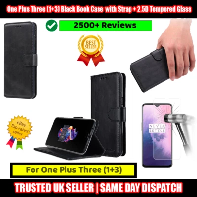 One Plus Three (1+3) Black Book Case Flip with Strap + 2.5D Tempered Glass - Image 1 of 4