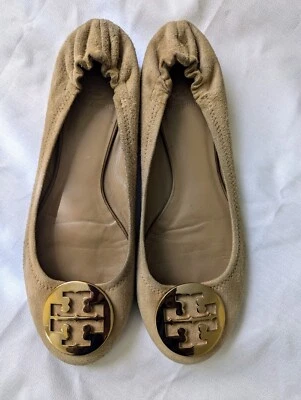 Zapatos planos sin cordones de ballet de gamuza tostada Tory Burch Reva de colección, talla 9,5 Foto 1 de 4