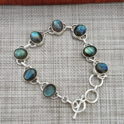 Natural Labradorite Bracelet 925 Sterling Silver Handmade Oval Stone Jewelry h49 - Image 1 of 4