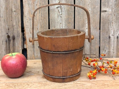 Antique Primitive Small Old Wooden Bucket w/ Pegged Swing Handle 5" - Image 1 of 4