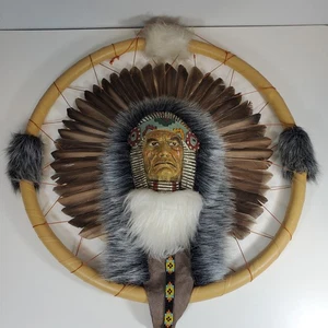 Native American Indian Chief Head 16" Catcher Wall Art Decor Feathers Round - Picture 1 of 7